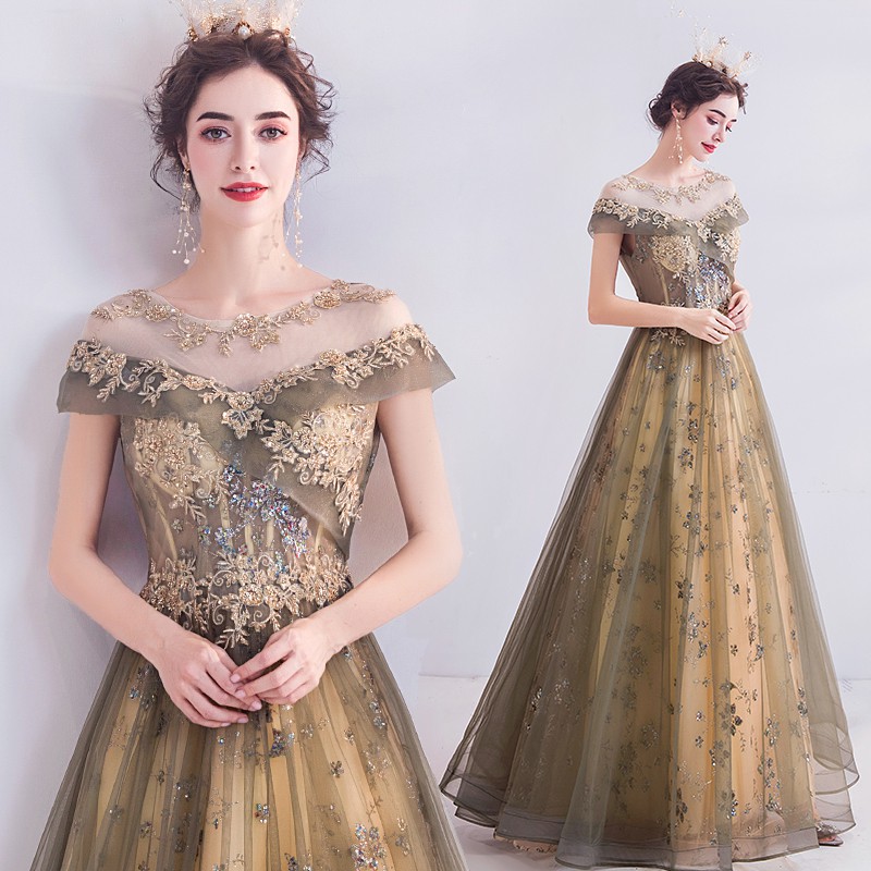 Champagne Gold Sequin Evening Dress Elegant Off Shoulder V-neck