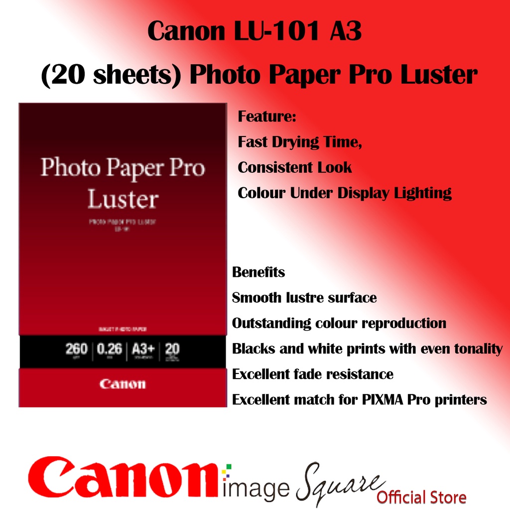 Canon A3 Photo Paper 20 shts LU101 PT101 PM101 Plus Glossy II / Pro Luster / Pro Premium