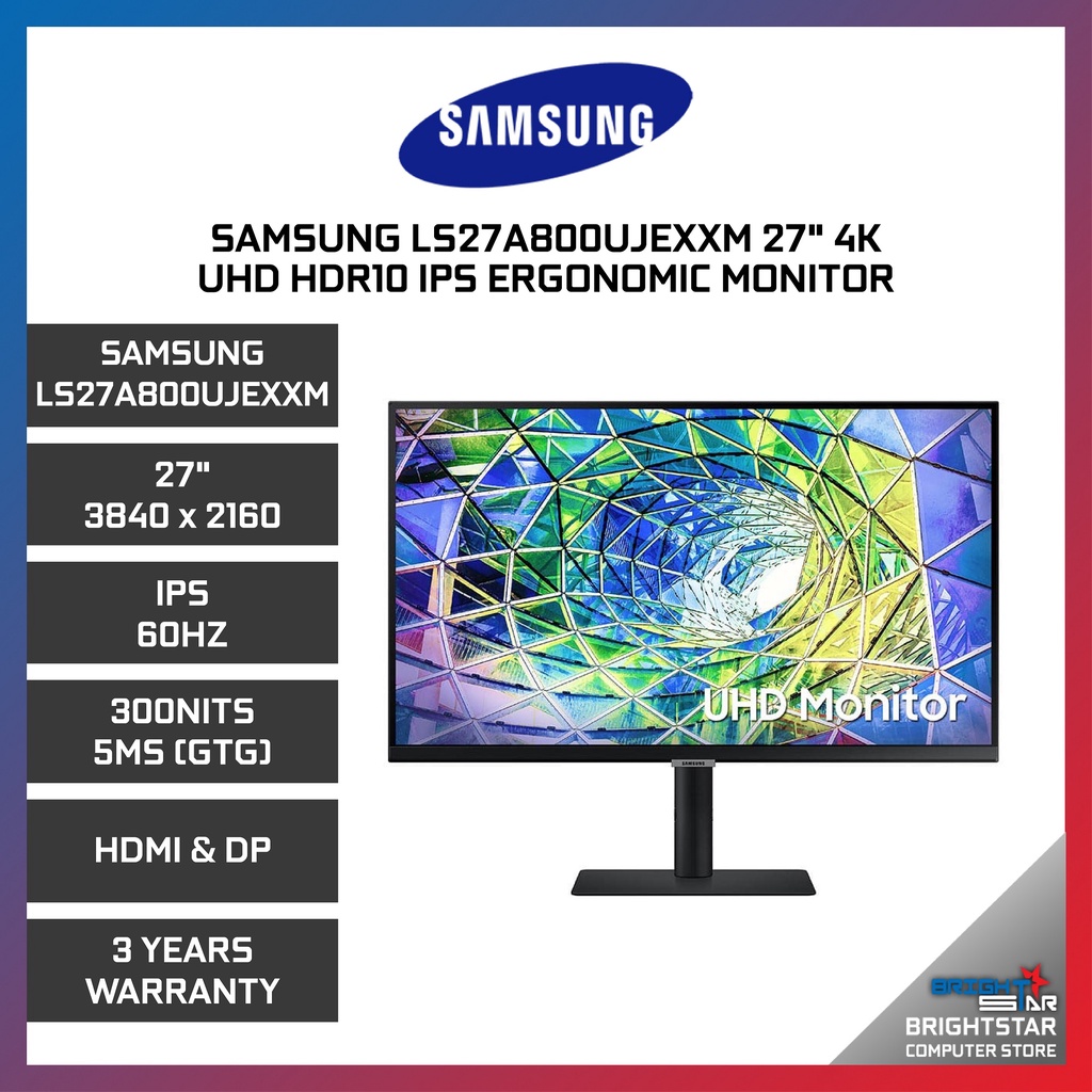 Samsung LS27A800UJEXXM 27" 4K UHD HDR10 IPS Type C Ergonomic Monitor ...