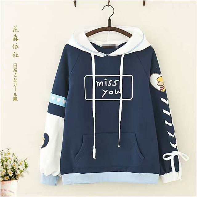 Japanese Hoodie Blue Long Sleeve Cute Girl Ribbon Hoodie Love