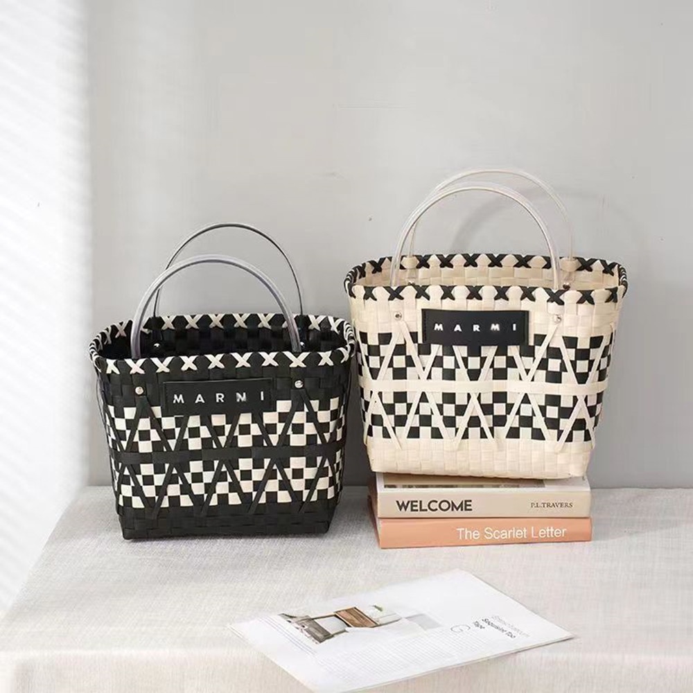 Mar Vegetable Basket Woven Bag Black and White Stitching Contrast Color