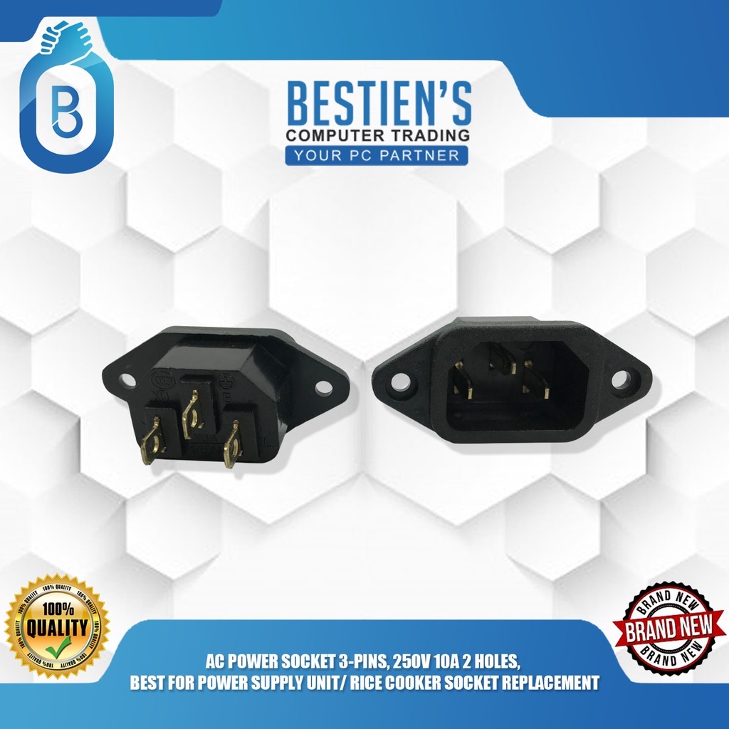 AC POWER SOCKET 3PINS, 250V 10A 2 HOLES, BEST FOR POWER SUPPLY UNIT