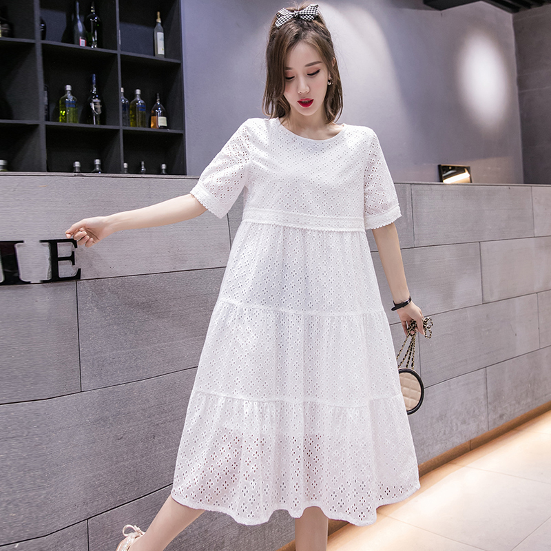 3599 Ready Stock Maternity Dress Summer Cotton O Neck White Plain