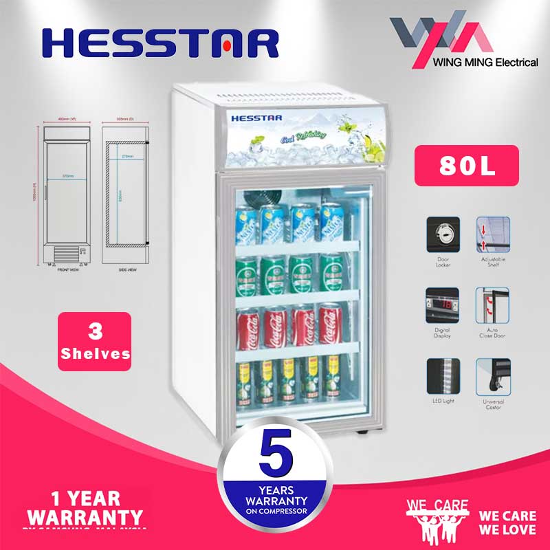[Free Install Klang Valley] Hesstar 80L Drink Showcase SelfClosing Door Tempered Glass Light