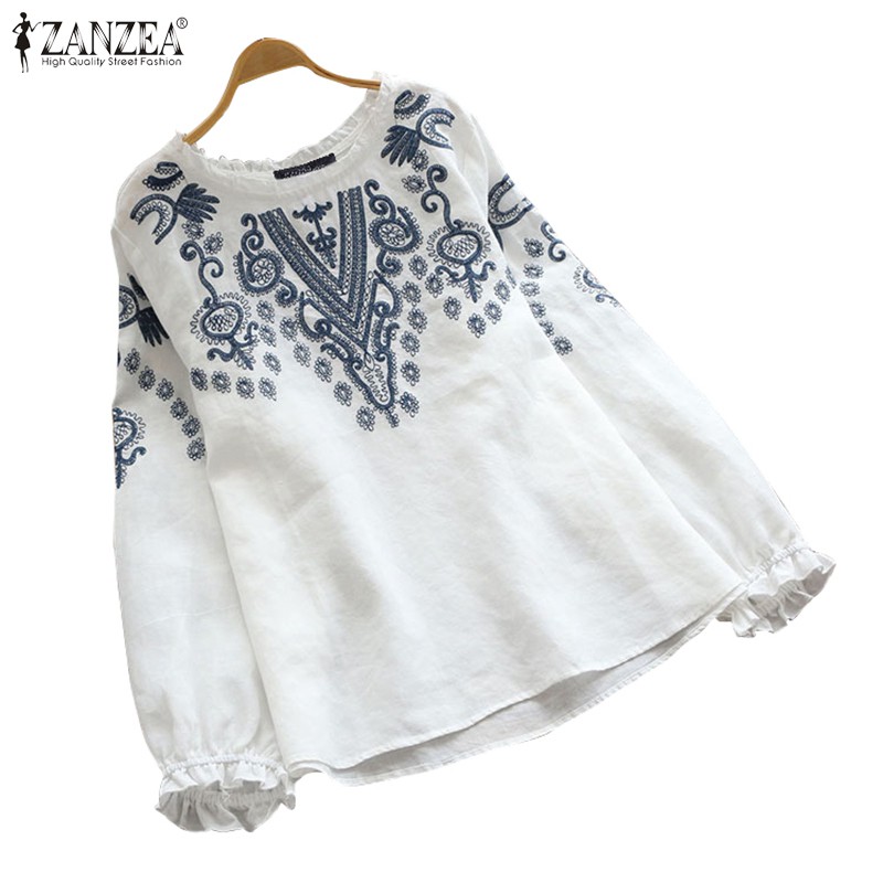 ZANZEA Women Long Sleeve Ruffled Floral Embroidered Blouse | Shopee ...