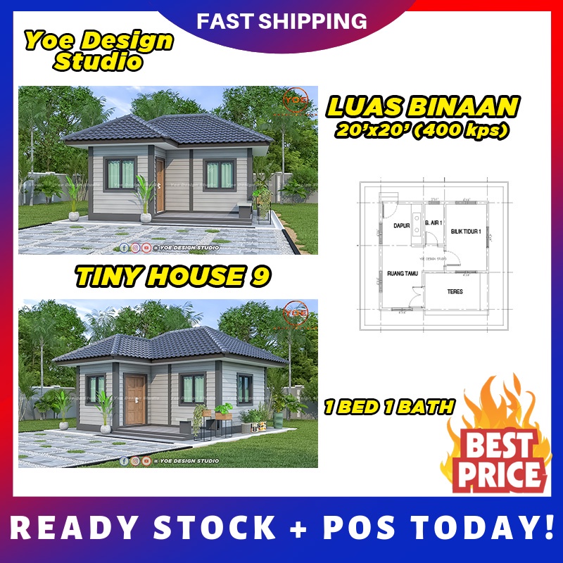 TINY HOUSE DESIGN PELAN RUMAH 2 BILIK DAN 1 BILIK BAWAH 500kps PLAN