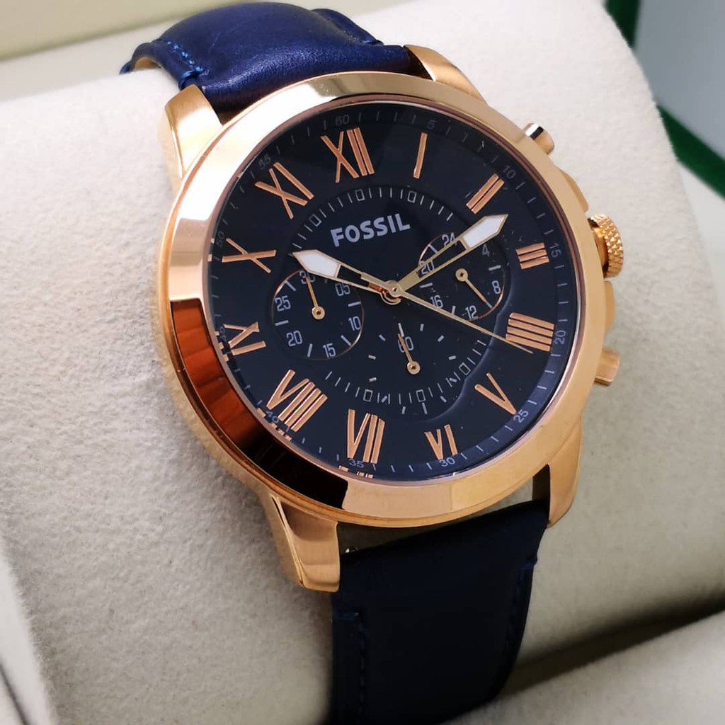 fossil chronograph blue strap and gold case