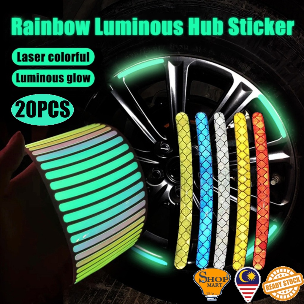 20Pcs Car Tyre Rim Wheel Hub Reflective Rainbow Luminous Sticker Strip
