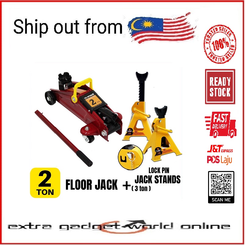 COMBO 2 Ton Hydraulic Floor Jack + 3 Ton Heavy Duty Jack Stand (1Pair