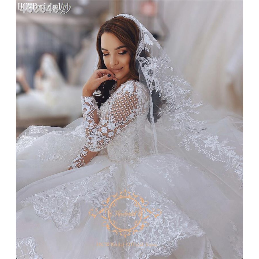 ﺴLuxury Ball Gown Muslim Dubai Wedding Dress Long Sleeves V Neck Graceful  Lace Train Bridal Party Custom Made