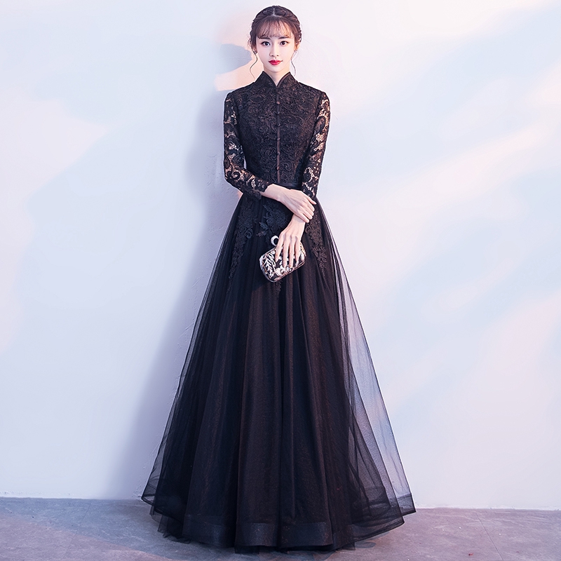 Black Lace Turtle Neck Long Sleeve Dinner Evening Dress Women Girl