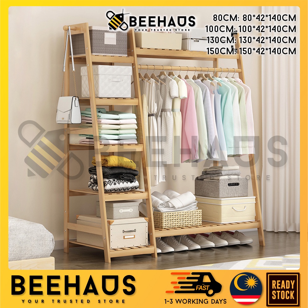 BEEHAUS Wooden Clothes Rack with Hook Hanger | Wardrobe Coat Rack ...