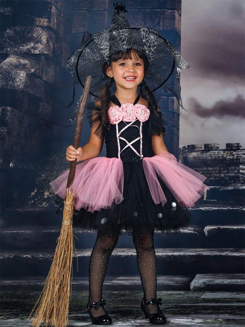 3-12years Halloween Cosplay Children Full Sleeve Tiered Witch Ghost Vampire  Dress For Girls Masquerade Party Stage Play Costumes