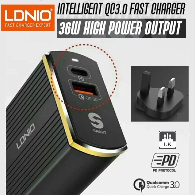 LDNIO A2502C UK Plug 36W QC3.0 USB+Type-C PD Travel USB Charger Adapter ...