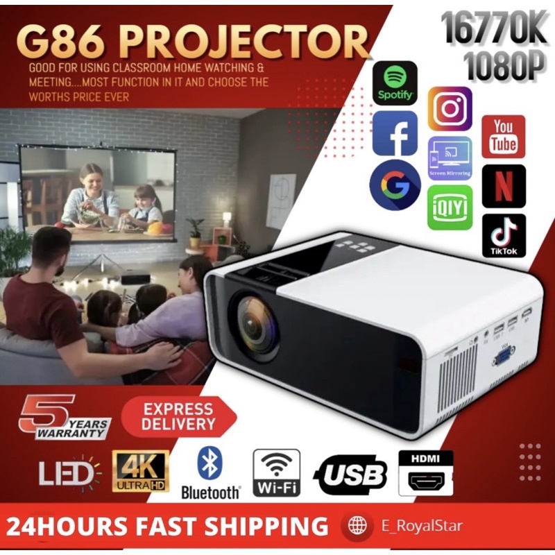 🔥READY STOCK💯2 in 1‼️ 6000 lumens G86 Projector FULL HD 1080P Android