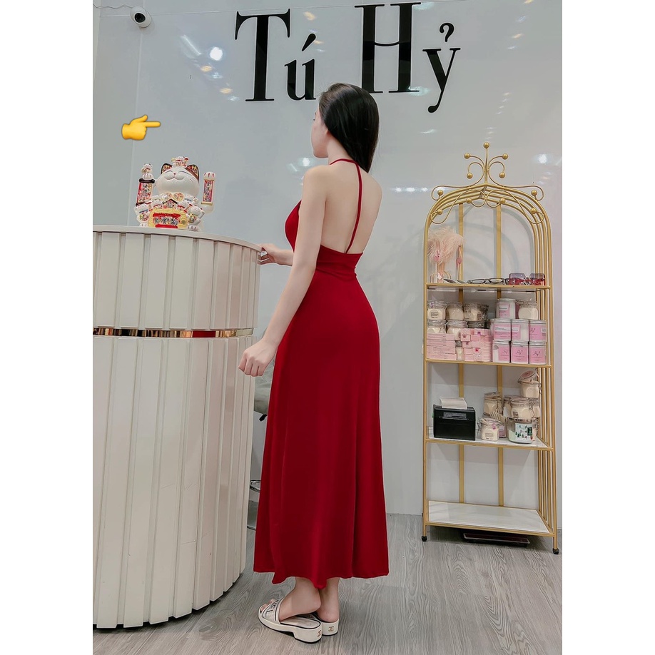 Very hot 2-strap long flared dress with open back and 1 stand-up strap ...