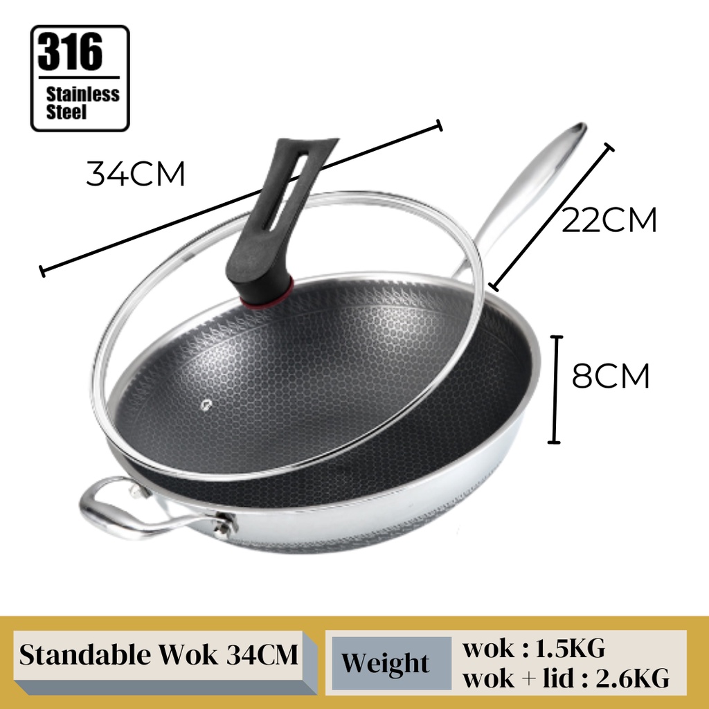 KATA 316 Stainless Steel Honeycomb Non Stick Pan Frying Wok With Glass ...