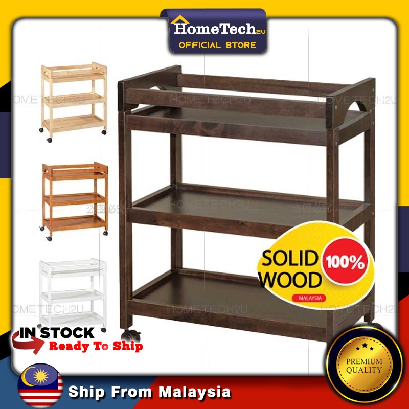 POLO SOLID WOOD TROLLEY 3-TIERS 3 LEVEL TROLLEY KITCHEN CART WINE CART ...