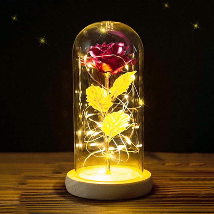 Led Light Rose Artificial in Glass Dome with Wooden Base as Unique