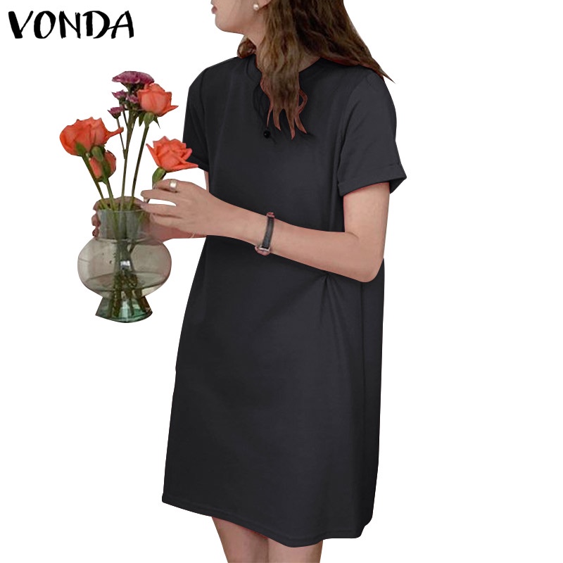 Vonda Women Summer Korean Plain Short Sleeve Holiday Party Crew Neck