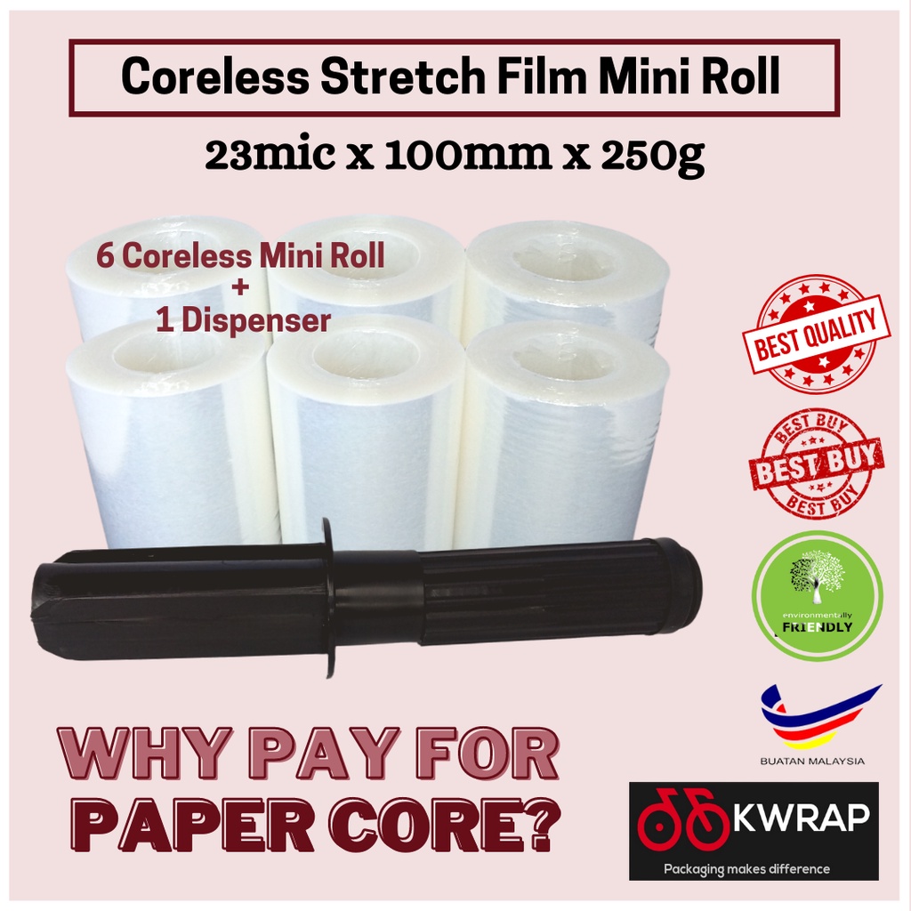 Coreless Stretch Film Mini Roll 100mm x 250g (6 Rolls + 1 Dispenser