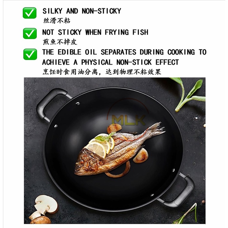 MLK 🔥 Non-Stick Non-Coating 🔥 Double Handle Iron Black Wok High Quality ...