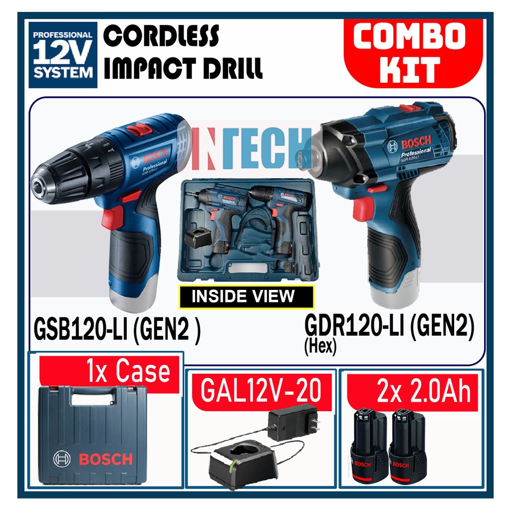BOSCH COMBO KIT GDR120-LI CORDLESS IMPACT DRIVER 12V C/W GSB120-LI ...