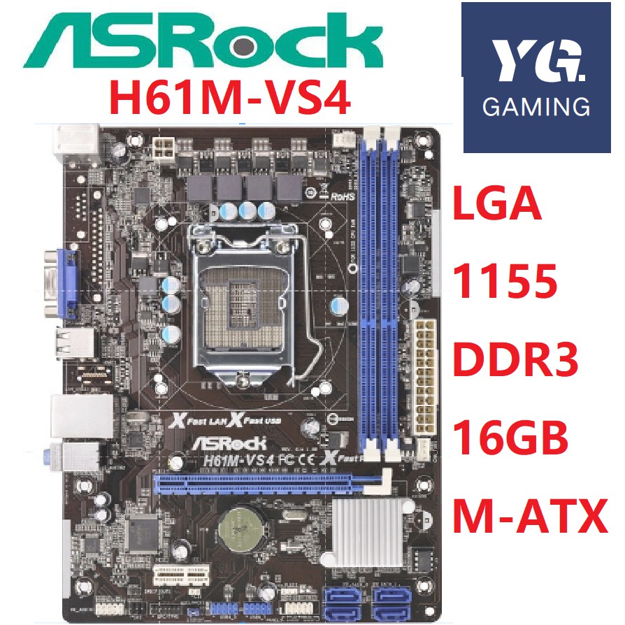 Used, 100% ASRock H61M-VS4 H61 H61M LGA 1155 DDR3 RAM 16G Integrated ...