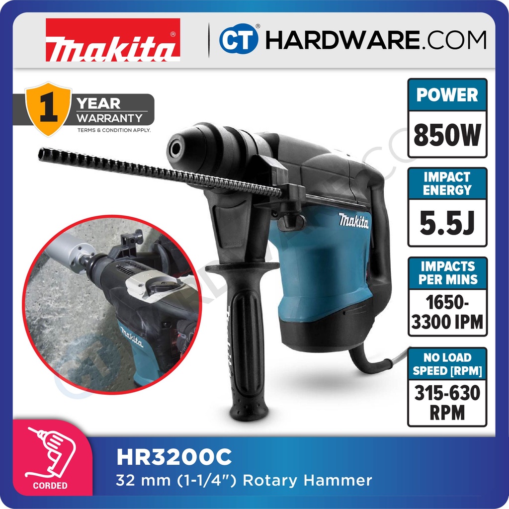 MAKITA HR3200C CORDED ROTARY HAMMER 32MM (1-1/4), 850W, 3-MODES SDS PLUS