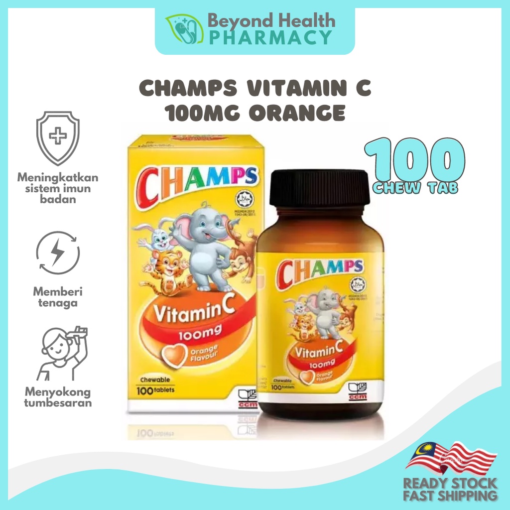 CHAMPS VITAMIN C 100MG CHEWABLE 100 TABLETS | FLAVOURED ORANGE ...