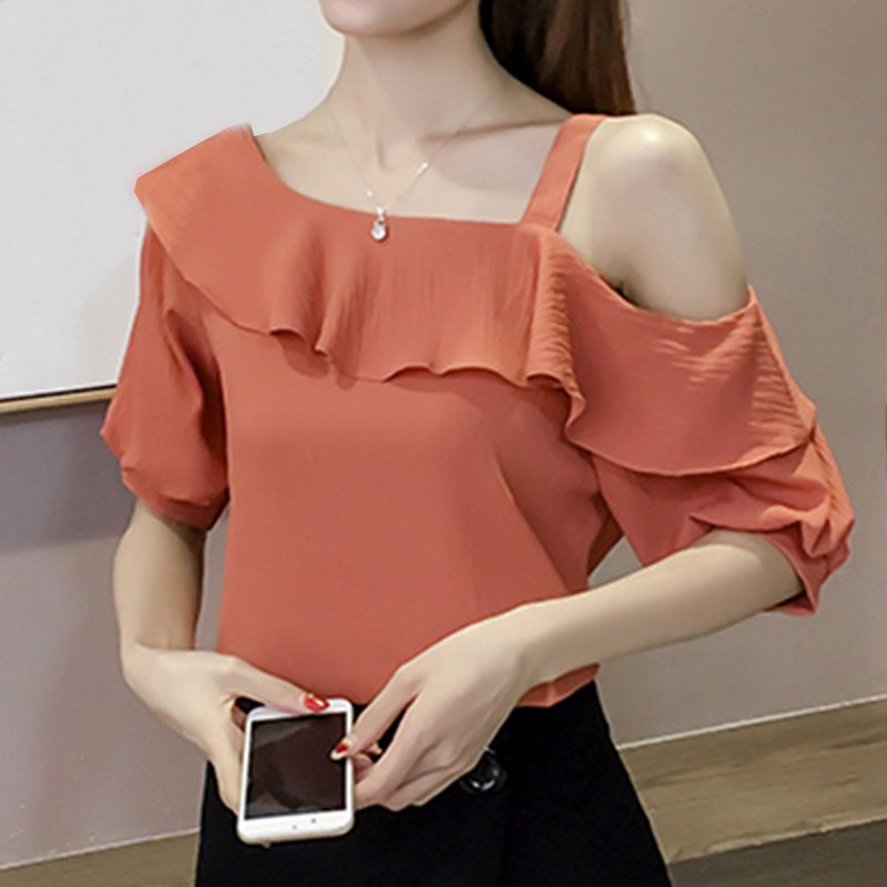One Shoulder Tops Ruffles Chiffon Blouse Women Fashion Korean Summer Shirts Lady Shopee Malaysia