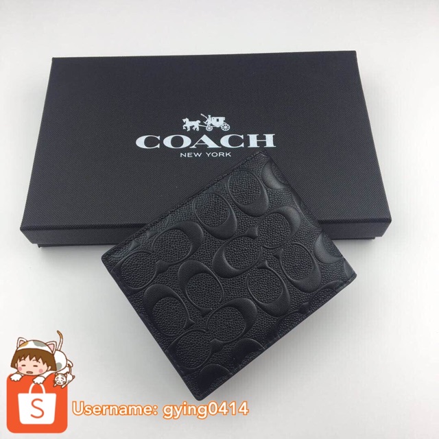 READY STOCK Coach Embossed Signature Crossgrain Leather Black Short Wallet Men Gift Set Cardholder Keychain 74929 f74929