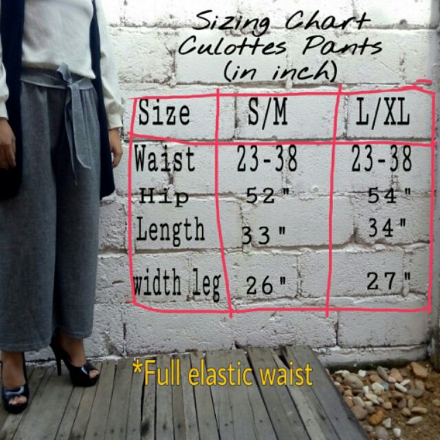 Culottes pants (borong & retail) sizing chart Shopee Malaysia