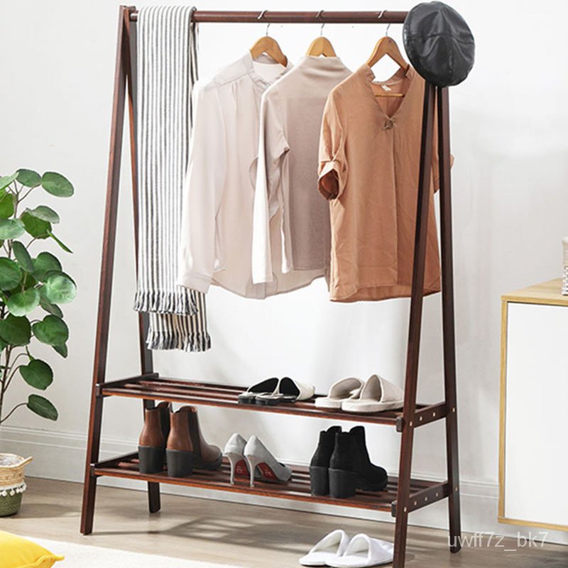 Floor Shoe Shelf Clothes Hanger Bags Wooden Standing Coat Rack Entrance