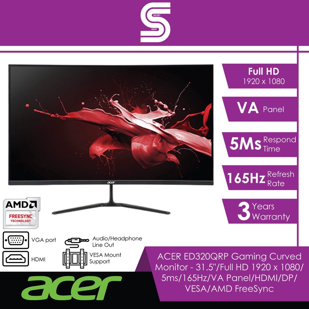 Ecran ordinateur gaming LED incurvé 32 Acer Nitro ED0 ED320QR P, 80 cm ( 31.5), 1920 x 1080 pixels, Full HD, LED, 5 ms, Noir | - Faites vos courses en ligne