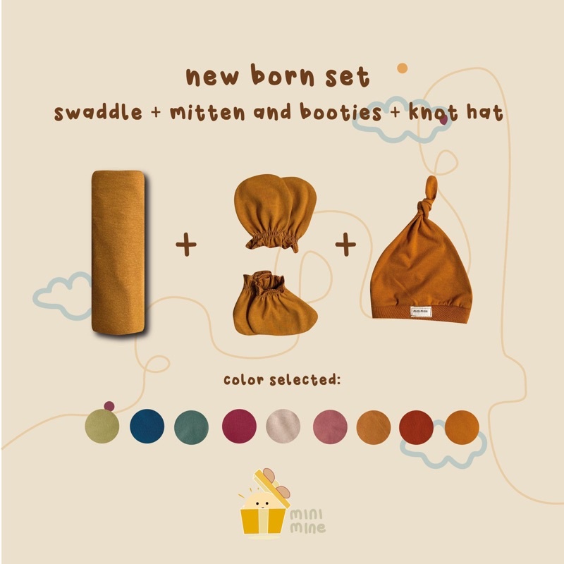 Minimine New Born Set (Swaddle+Knot Hat+Mitten and Botties) Contains