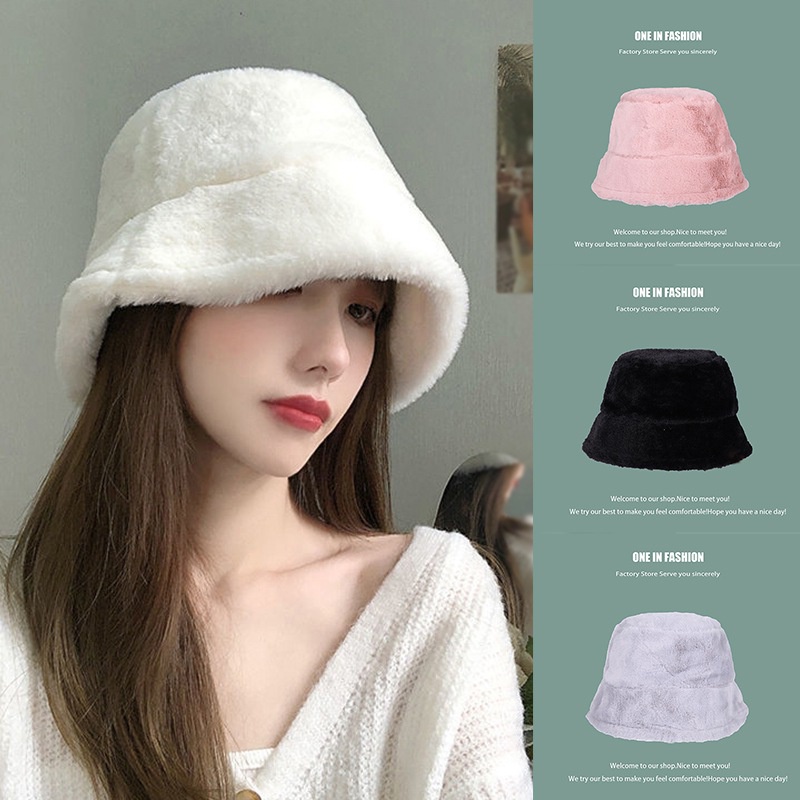 Women Faux Fur Winter Warm Sun Hat 56-58cm Fleece Bucket Hat | Shopee ...