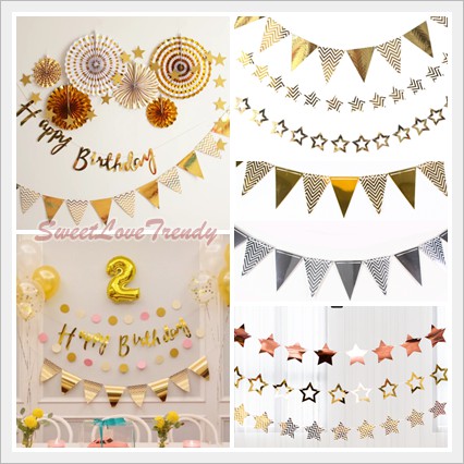 Party Decoration Pennant Banner Triangle Flag Gold Silver Flag | Shopee ...