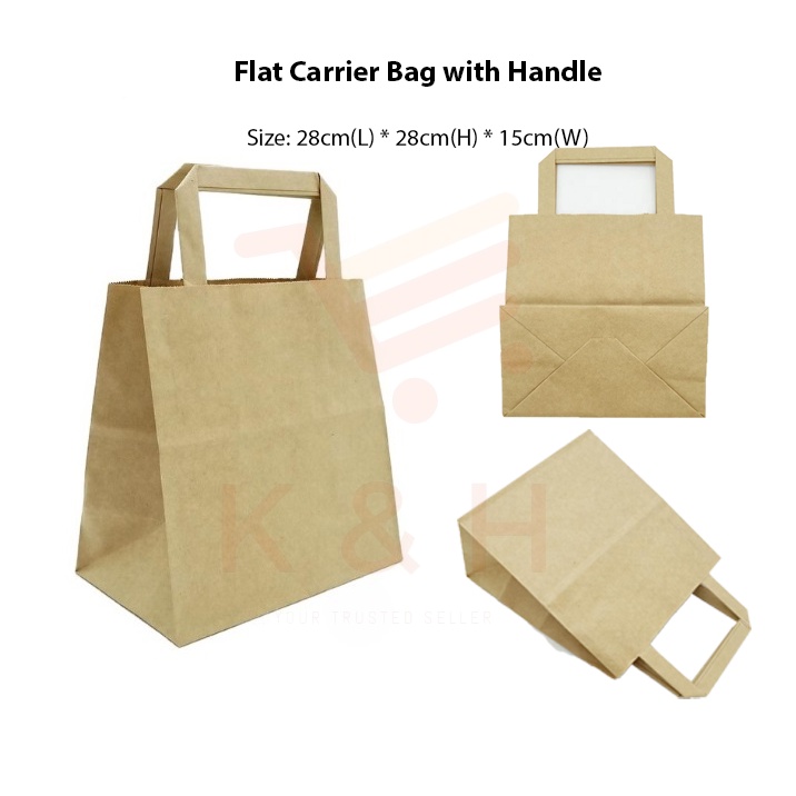 [1pcs] Kraft Paper Bag with Handle / Flat Carrier Bag / Brown Kraft