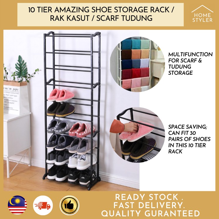 USTECH | 10-Tier | Slide-n-Adjust Shoe Rack | Metal, Non-Slip