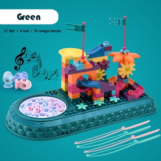 TARO Spinning Fish Toy with Mega Blocks Marble Run Race Track Building 2 in  1 Kids Toy Set Permainan Kanak