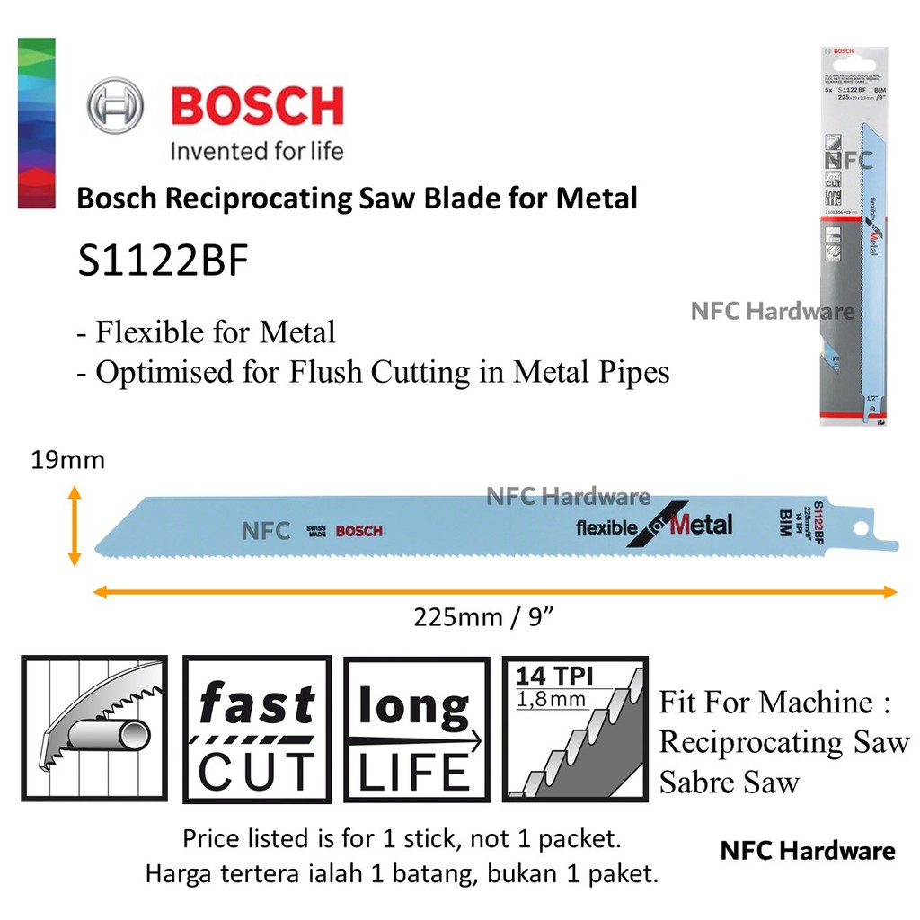 BOSCH Sabre Saw Blade S1122BF 9" Flexible for Metal (1 PC) Shopee