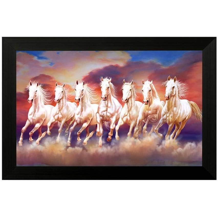 The New Seven Lucky Running Vastu Horses Painting Synthetic Framed Wall ...