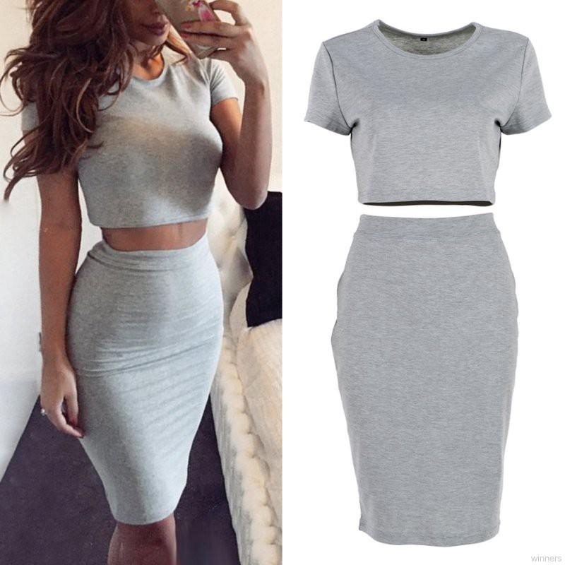 Women Sexy Outfits Crop Tops Bodycon Dress Two Piece Set Midi Skirt Solid  Color 