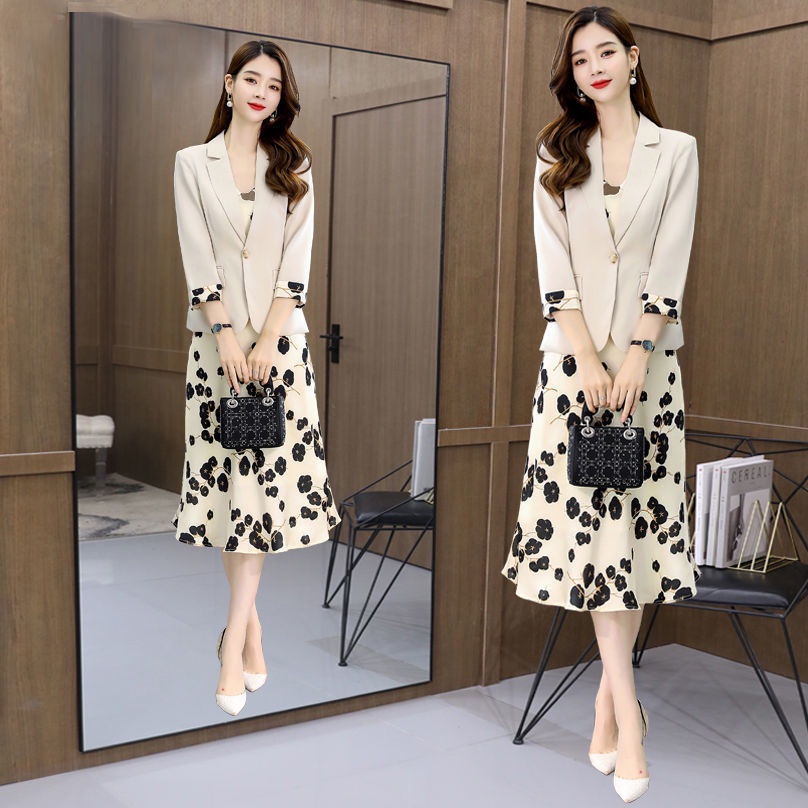 Large Plus Size Casual Blazer Set Wear Women's 2021 Spring Autumn New Korean  Fashion Slim Suit Two Piece Floral Suspender Dress