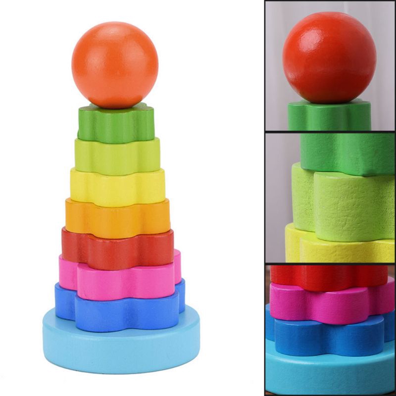 Baby Wooden Educational Stacking Block Toys Rainbow Tower Building ...