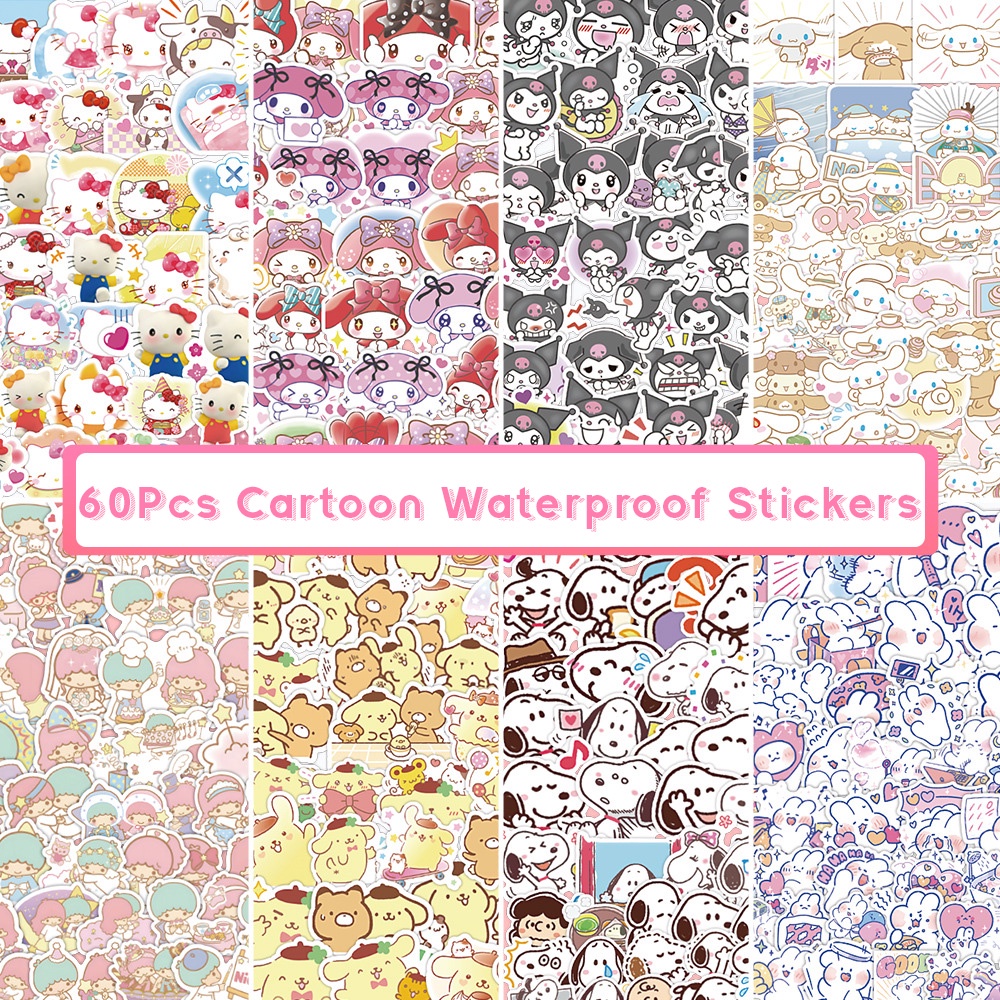 60 Pcs Waterproof Cartoon Cute Hello Kitty Snoopy Cullomiy Stickers ...