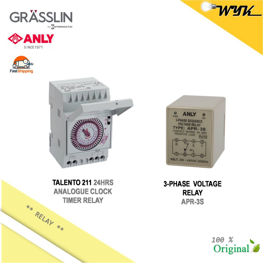 Anly / Grasslin 3 Phase Sequence Voltage Relay / Talento 211 24HRS Analogue Clock Timer Relay