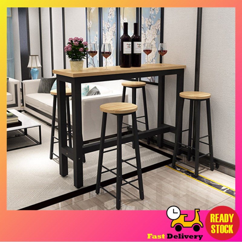 [120x40x100cm] Simple Wooden Bar Table with Steel Frame & 2 Units High ...