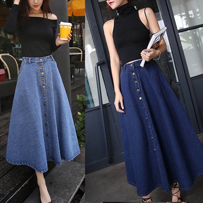 Pleated denim long clearance skirt